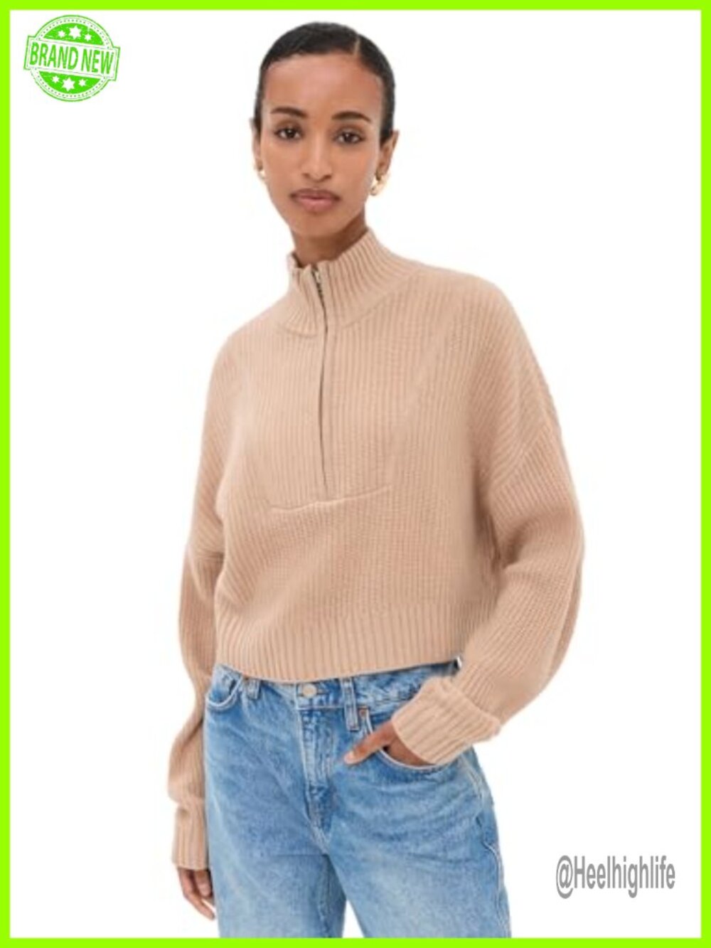 Cropped Hampton Pullover Sweater Turtleneck Dropped Shoulder Mid-Weight Knit